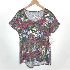 Classic T Rose Design Floral Scoop Neck High Low Short Sleeve Shirt